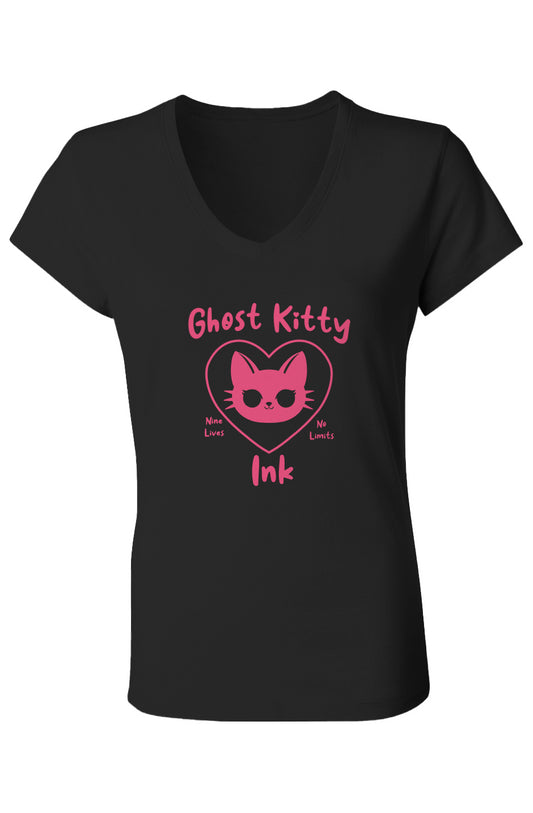 Nine Lives No Limits Ghost Kitty Ink Women’s V-Neck T-Shirt