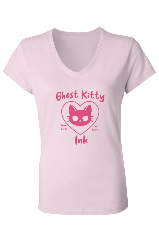 Nine Lives No Limits Ghost Kitty Ink Women’s V-Neck T-Shirt